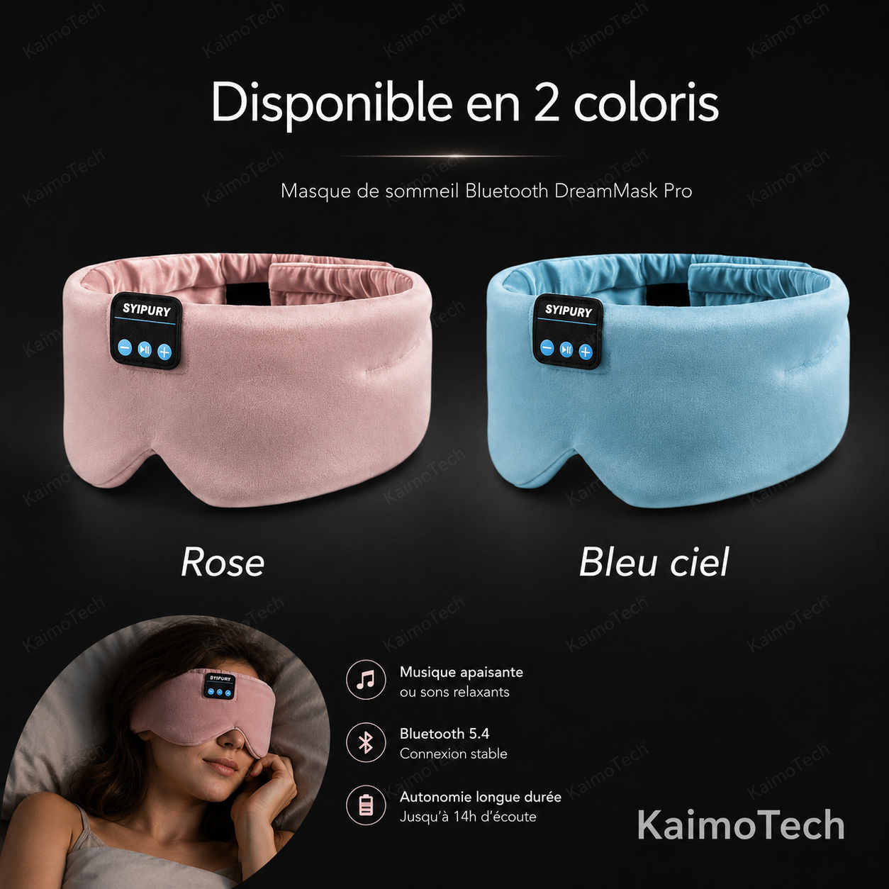 Masque de sommeil Bluetooth DreamMask Pro KaimoTech disponible en rose et bleu ciel, avec musique apaisante, Bluetooth 5.4 et autonomie longue durée.