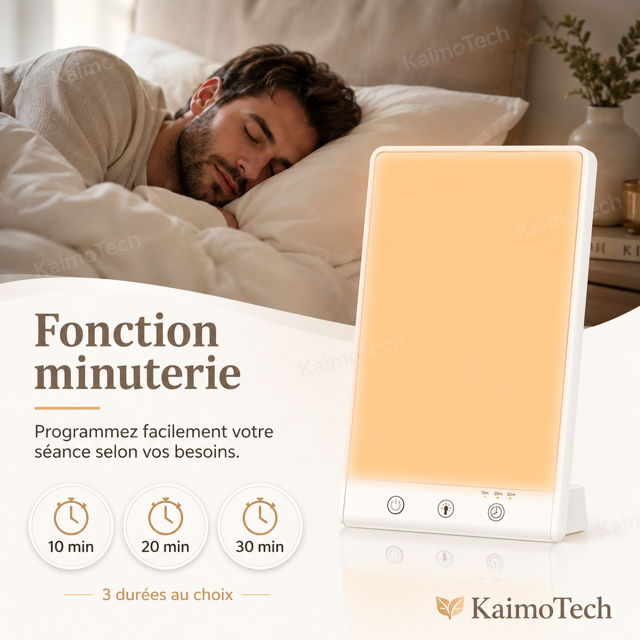 Lampe de luminothérapie KaimoTech avec minuterie réglable 10 min, 20 min et 30 min, lumière blanc chaud douce, design compact avec support inclinable, idéale pour accompagner le réveil, la relaxation, le sommeil, les moments de détente et le bien-être quotidien à la maison