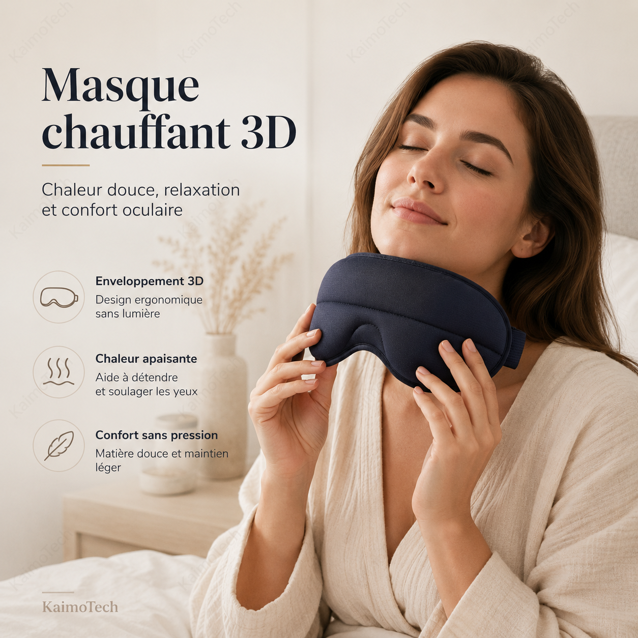 Femme utilisant un masque chauffant 3D KaimoTech, avec chaleur apaisante, enveloppement 3D et confort sans pression pour la relaxation oculaire.