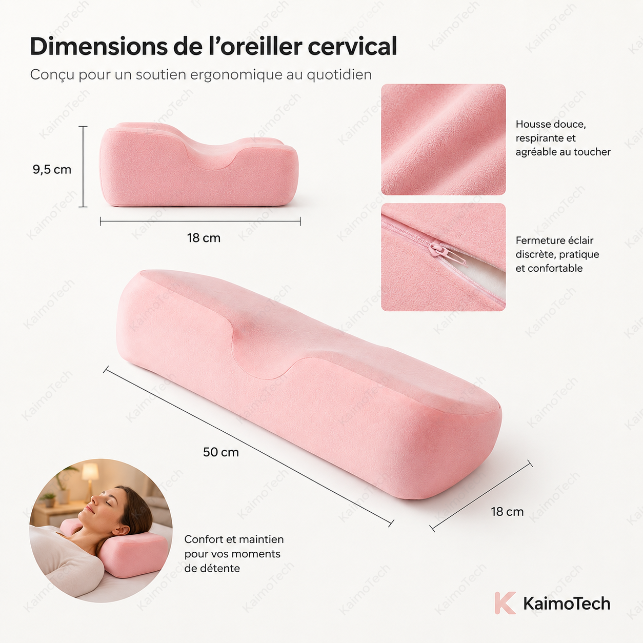 Oreiller cervical ergonomique rose KaimoTech en mousse à mémoire de forme, conçu pour soutenir la nuque et les cervicales, avec dimensions 50 × 18 × 9,5 cm, housse douce respirante agréable au toucher, fermeture éclair discrète et confort de maintien pour les moments de détente ou de repos