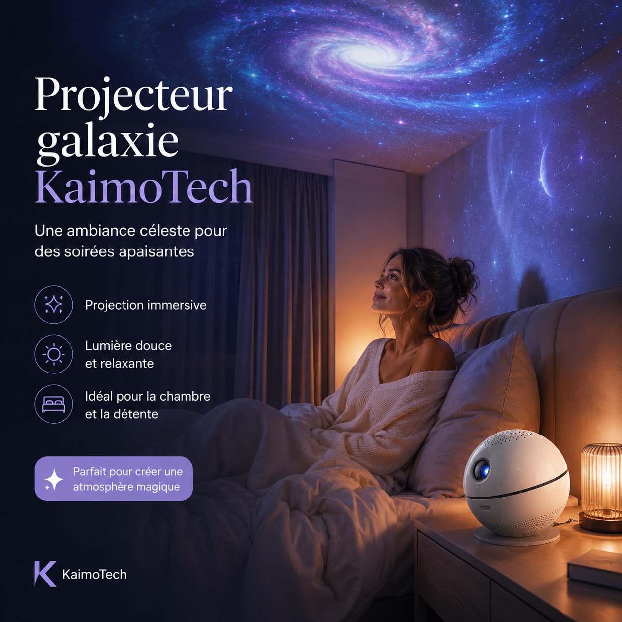 Projecteur galaxie KaimoTech avec projection immersive de ciel étoilé, lumière douce et effet nébuleuse, idéal pour créer une ambiance relaxante dans une chambre.