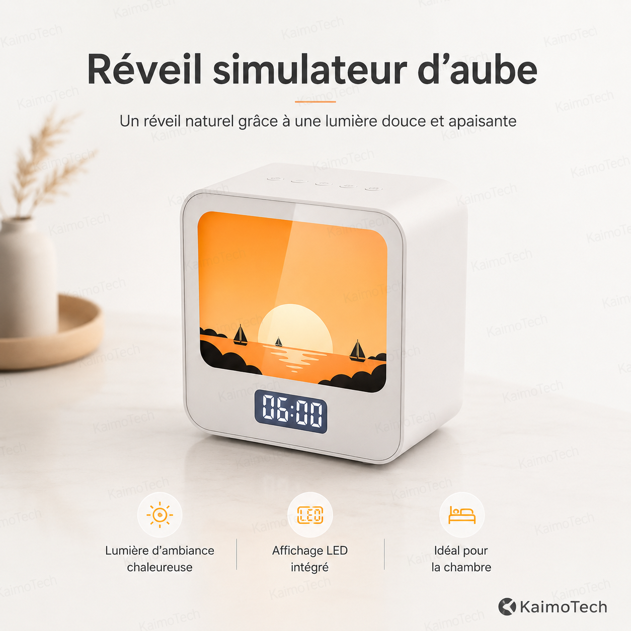 Réveil simulateur d’aube KaimoTech avec lumière d’ambiance chaleureuse, affichage LED intégré et design compact, idéal pour la chambre, l’endormissement et un réveil naturel grâce à une lumière douce et apaisante.