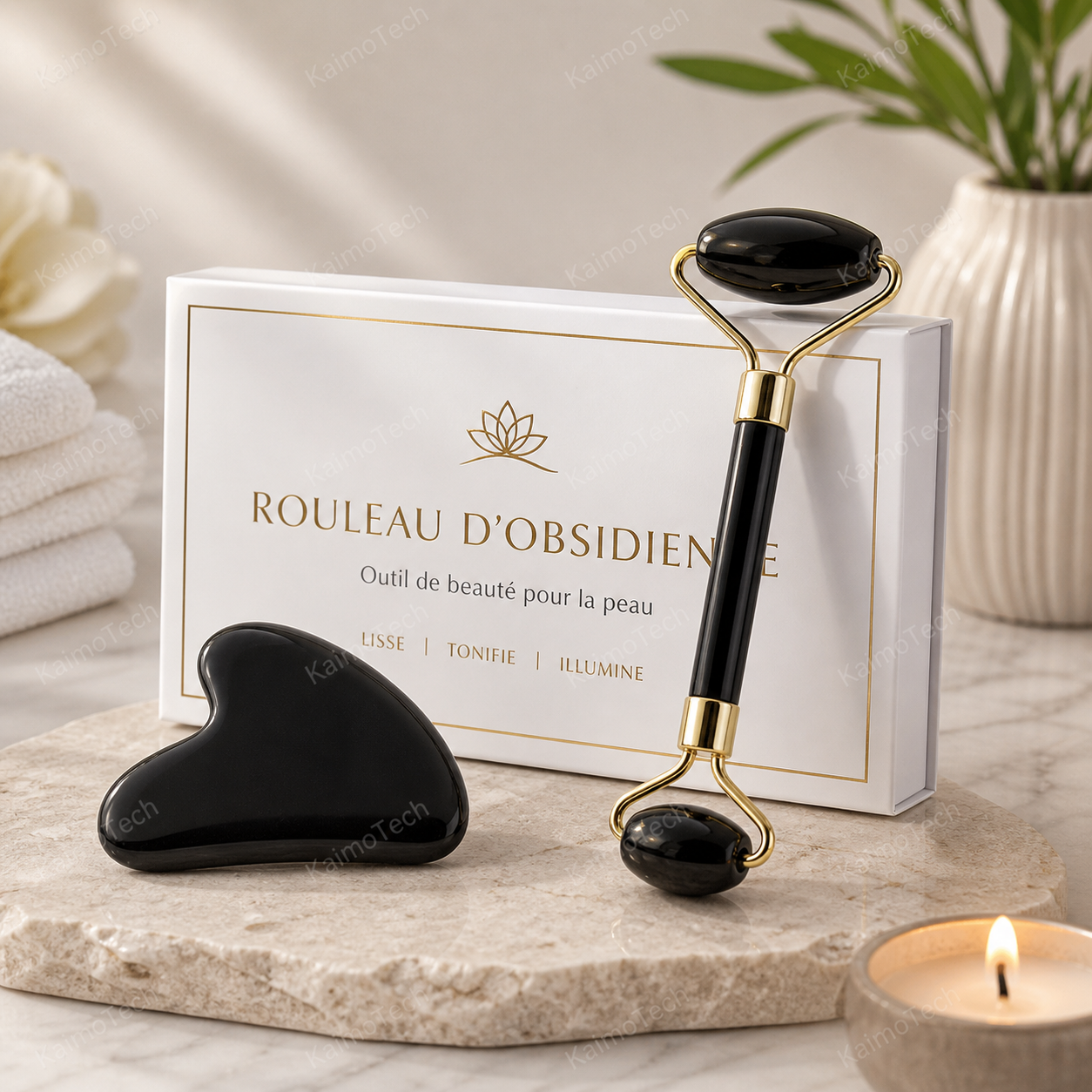 Coffret rouleau d’obsidienne avec pierre Gua Sha assortie, présenté dans un style spa élégant et premium. Outil de beauté pour le visage idéal pour une routine de massage quotidienne, avec pierre noire polie et finitions dorées pour lisser, tonifier et illuminer l’apparence de la peau.