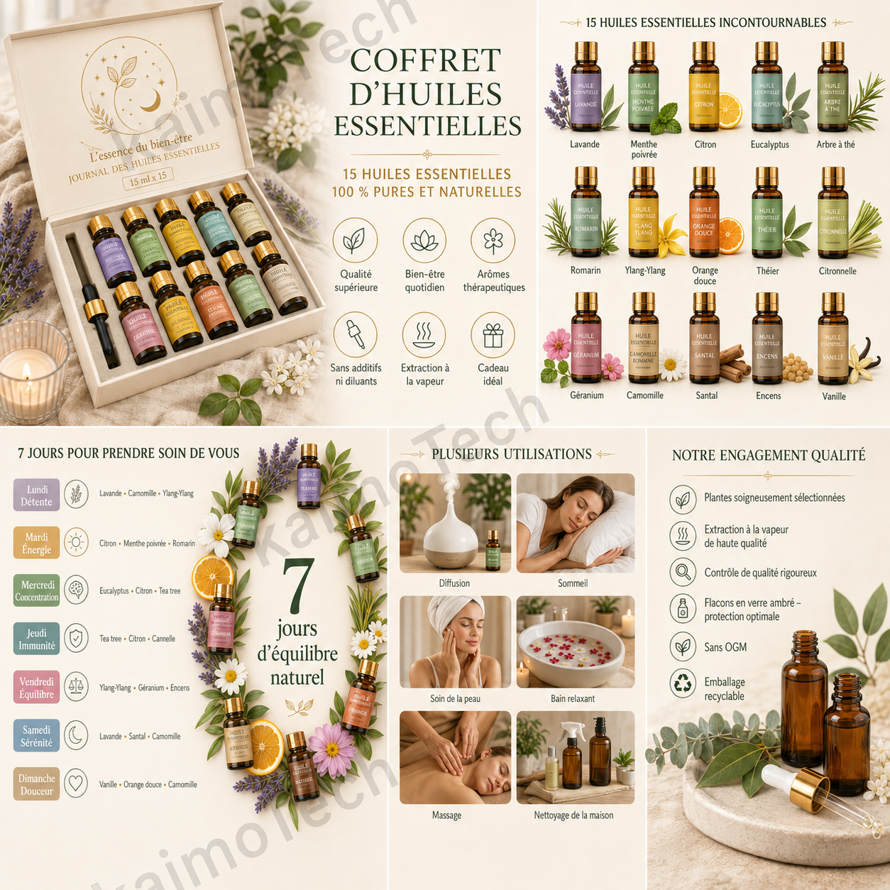 Coffret de 15 huiles essentielles distribué par KaimoTech, présenté avec flacons, bienfaits, rituel bien-être sur 7 jours, usages multiples et engagement qualité autour d’huiles 100 % pures et naturelles.