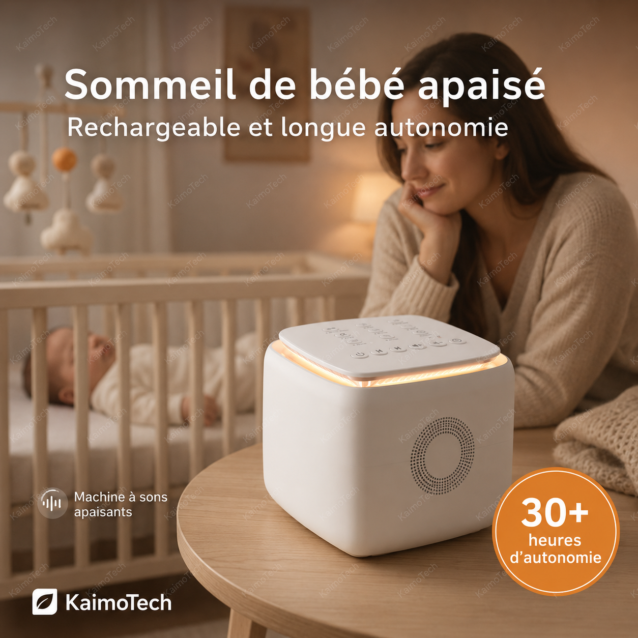 Machine à bruit blanc SleepSound KaimoTech avec veilleuse intégrée, sons apaisants et plus de 30 heures d’autonomie, idéale pour instaurer une ambiance calme dans la chambre de bébé