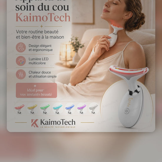 Vidéo KaimoTech présentant un appareil LED visage et cou pour routine beauté à domicile. Démonstration visuelle du soin du cou avec lumière LED multicolore, chaleur douce, design ergonomique et utilisation simple dans une ambiance premium bien-être.