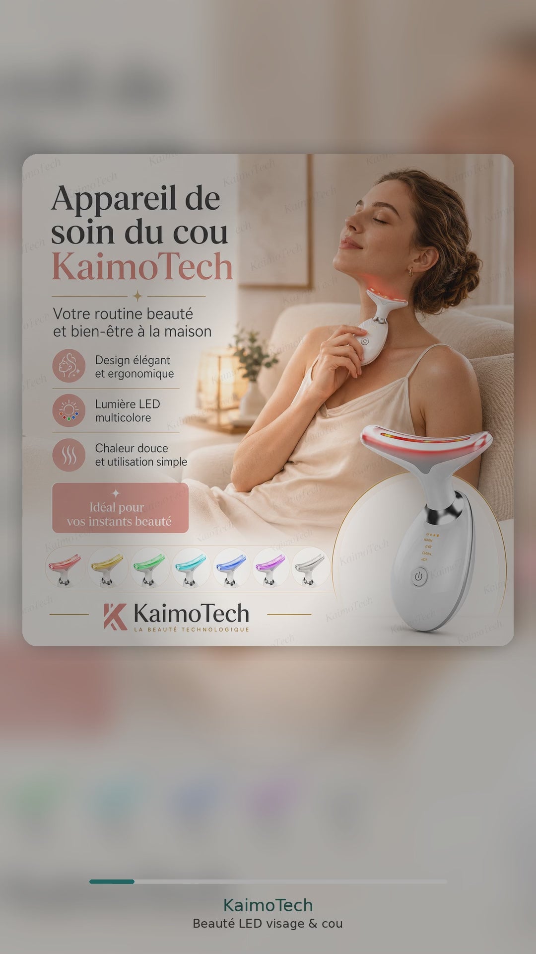 Vidéo KaimoTech présentant un appareil LED visage et cou pour routine beauté à domicile. Démonstration visuelle du soin du cou avec lumière LED multicolore, chaleur douce, design ergonomique et utilisation simple dans une ambiance premium bien-être.