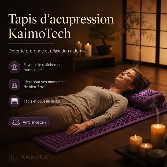 Vidéo de présentation du tapis d’acupression KaimoTech avec coussin et sac de transport, montrant ses usages, ses coloris, ses détails et ses bénéfices pour la détente, la récupération et la relaxation à domicile.