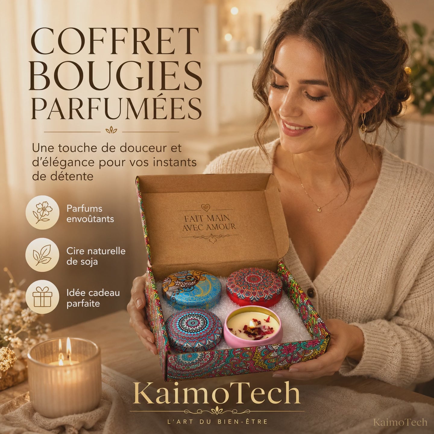 Vidéo produit KaimoTech présentant un coffret cadeau de 4 bougies parfumées décoratives, cire naturelle de soja, motifs colorés, parfums floraux, ambiance cosy et idée cadeau bien-être