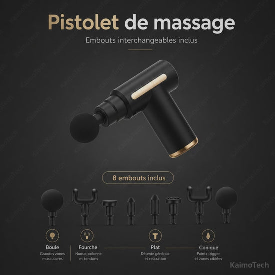 Vidéo pistolet de massage KaimoTech – embouts interchangeables inclus : boule (grands muscles), fourche (nuque et colonne), plat (détente générale), conique (points trigger) – 8 embouts au total

