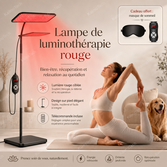 Vidéo promotionnelle KaimoTech présentant une lampe de luminothérapie rouge à domicile, avec éclairage LED ciblé, design réglable, télécommande intégrée et mise en avant du bien-être, de la détente et de la récupération quotidienne.