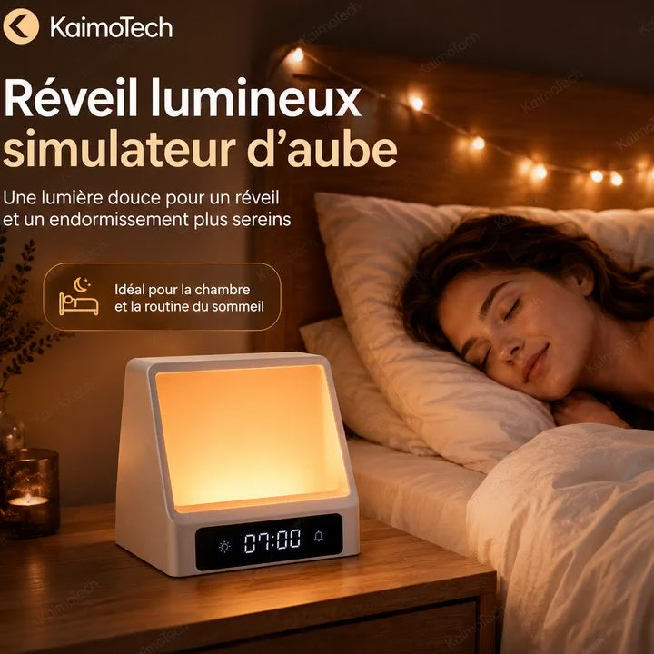 Vidéo du réveil lumineux simulateur d’aube KaimoTech avec lumière progressive, ambiance chaleureuse, affichage LED, fonction réveil et atmosphère de chambre apaisante, idéale pour accompagner l’endormissement, la routine du sommeil et un réveil naturel en douceur.