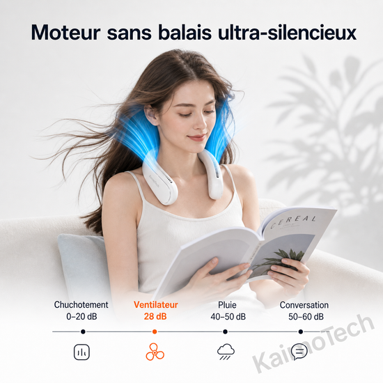 Vidéo promotionnelle du ventilateur de cou portable distribué par KaimoTech, présentant ses couleurs, son autonomie, son fonctionnement silencieux, ses 78 sorties d’air et ses usages au quotidien pour la maison, le sport, la randonnée et les déplacements.