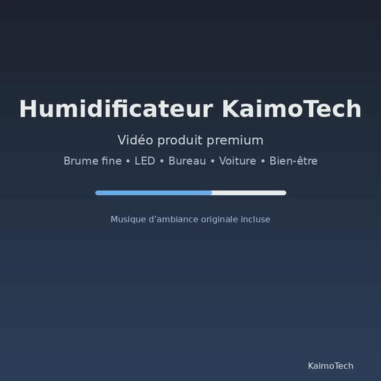 Vidéo promotionnelle du mini humidificateur distribué par KaimoTech, présentant la brume fine, l’éclairage LED multicolore, l’utilisation au bureau, en voiture et à la maison, ainsi que l’ambiance bien-être du produit.