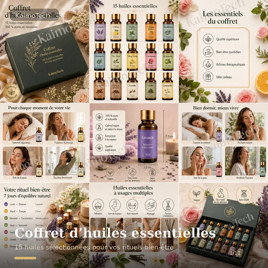 Vidéo promotionnelle du coffret d’huiles essentielles distribué par KaimoTech, présentant 15 huiles 100 % pures et naturelles, leurs bienfaits, leurs usages multiples, le rituel bien-être sur 7 jours et une ambiance premium dédiée à la relaxation et au soin quotidien.