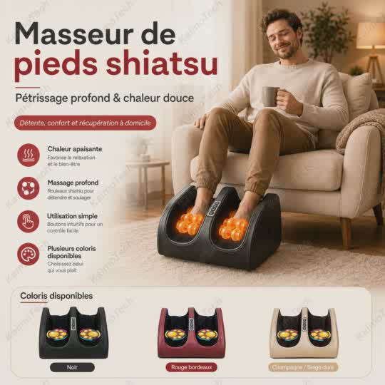 Vidéo de présentation du masseur de pieds shiatsu électrique KaimoTech, montrant ses fonctions de pétrissage profond, chaleur douce, télécommande incluse, design confortable, plusieurs coloris et utilisation à domicile pour la détente quotidienne.