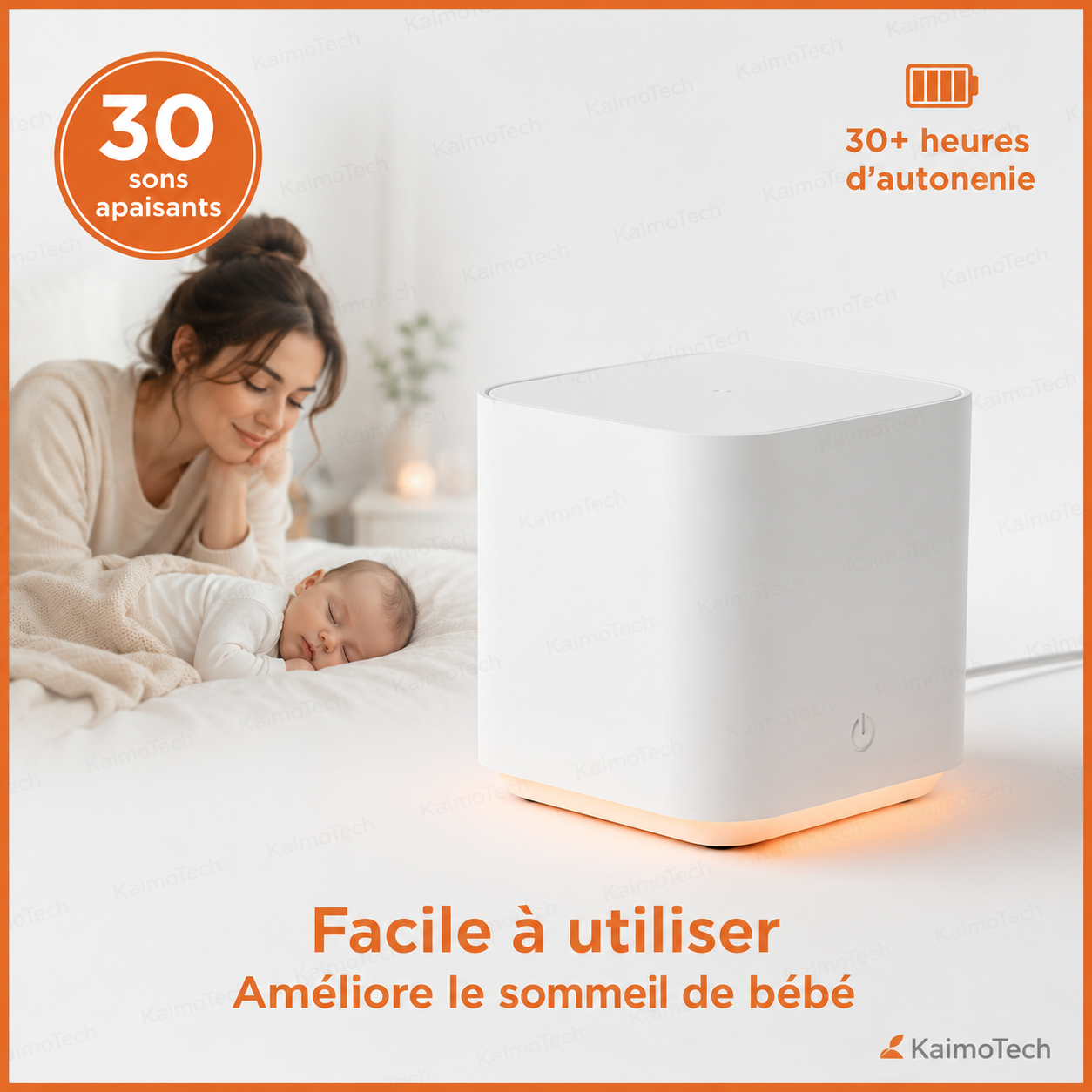 Vidéo présentant la machine à bruit blanc SleepSound KaimoTech avec sons relaxants, veilleuse douce, commandes tactiles et format compact pour créer une ambiance calme à la maison ou en déplacement