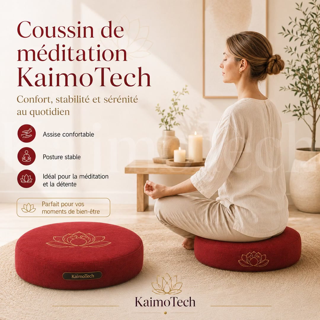 Vidéo de présentation du coussin de méditation KaimoTech rouge avec motif lotus doré, montrant ses avantages pour une assise confortable, une posture stable et des moments de détente au quotidien dans un intérieur zen.