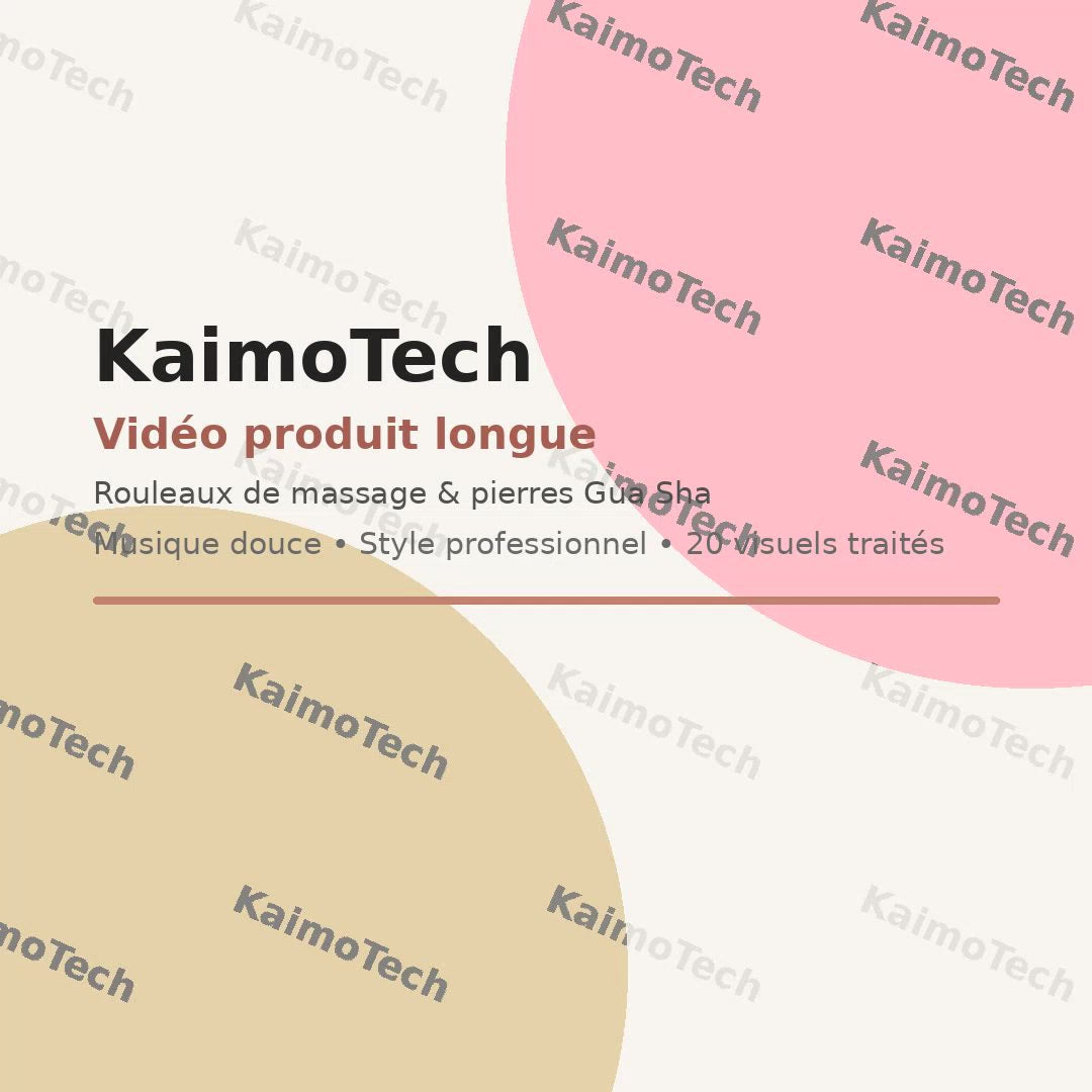 Vidéo promotionnelle KaimoTech présentant une collection d’outils de massage pour le visage, avec rouleaux en jade, quartz rose et obsidienne accompagnés de pierres Gua Sha assorties. La vidéo met en avant une routine beauté bien-être, des coffrets élégants au style spa premium, ainsi que les bénéfices d’un massage quotidien pour une peau plus lisse, tonifiée et éclatante.