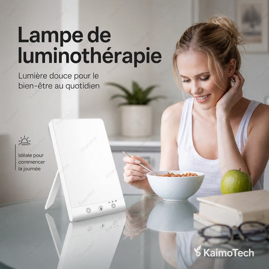 Vidéo de présentation de la lampe de luminothérapie KaimoTech avec lumière douce, modes d’éclairage, minuterie et utilisation au quotidien pour le bien-être, le réveil, la concentration et les moments de détente à la maison ou au bureau.