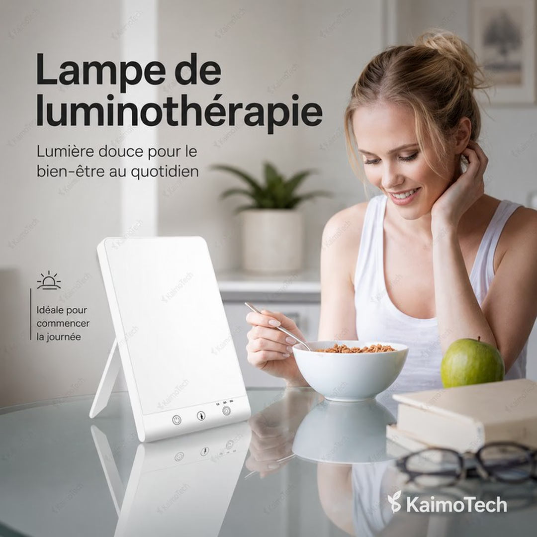 Vidéo de présentation de la lampe de luminothérapie KaimoTech avec lumière douce, modes d’éclairage, minuterie et utilisation au quotidien pour le bien-être, le réveil, la concentration et les moments de détente à la maison ou au bureau.