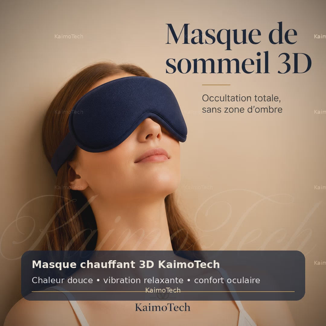 Vidéo promotionnelle du masque chauffant 3D KaimoTech, présentant son occultation totale, sa chaleur douce, sa vibration relaxante et son confort oculaire pour des moments de détente à domicile.