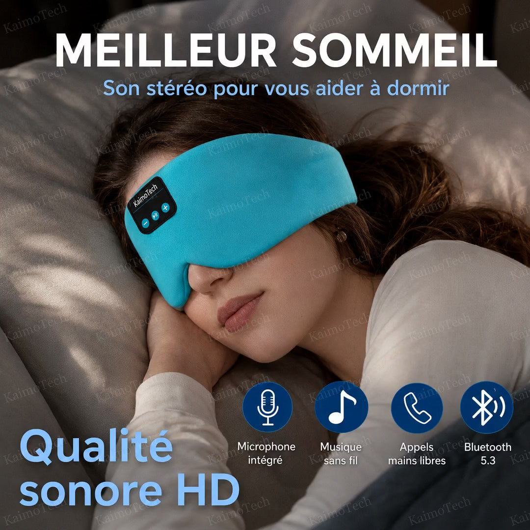Vidéo de présentation du masque de sommeil Bluetooth DreamMask Pro KaimoTech, avec son stéréo, microphone intégré, appels mains libres, Bluetooth 5.3 et qualité sonore HD pour aider à dormir.