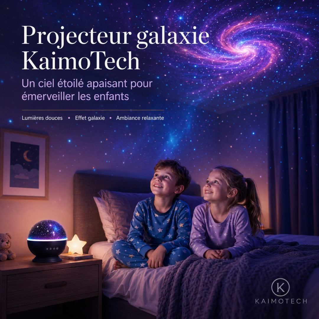 Vidéo de présentation du projecteur galaxie KaimoTech avec projection immersive de ciel étoilé, effet galaxie bleu-violet, lumière douce et ambiance relaxante pour émerveiller les enfants au moment du coucher.